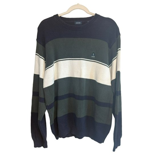 Izod Blue Green Multicolored Embroidered Logo Long Sleeve Sweater Men's SZ Large - Picture 2 of 5